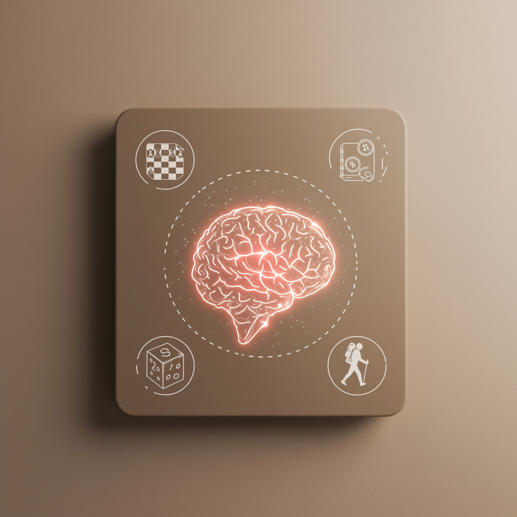 Un cerebro dibujado con linea fina en el centro y alrededor 4 iconos, que representan el ajedrez, un álbum de coleccionismo, un dado de rol y un senderista.