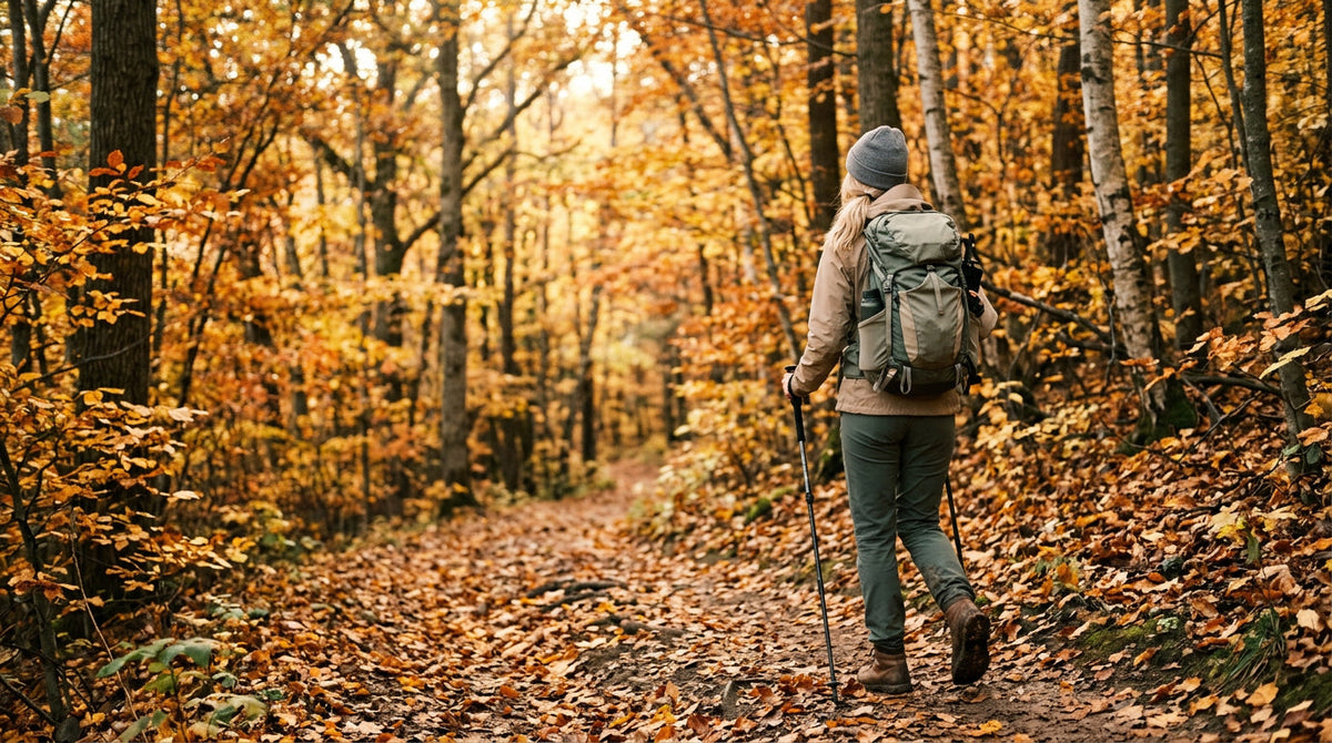 senderista caminando por un sendero de otoño con hojas caídas en España