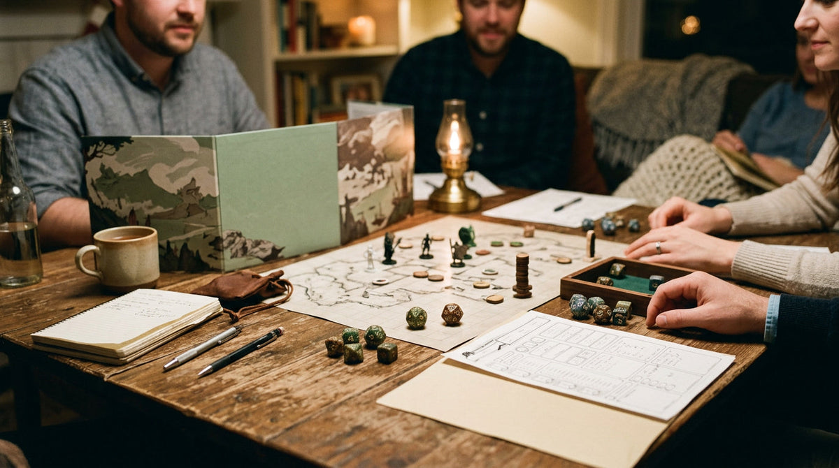 mesa con dados y accesorios de un kit de rol de mesa, ambiente cálido