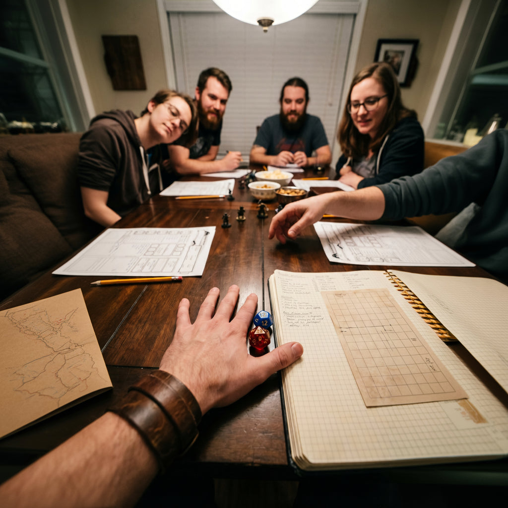 Seis personas sentados en una mesa de madera jugando una partida de rol. 