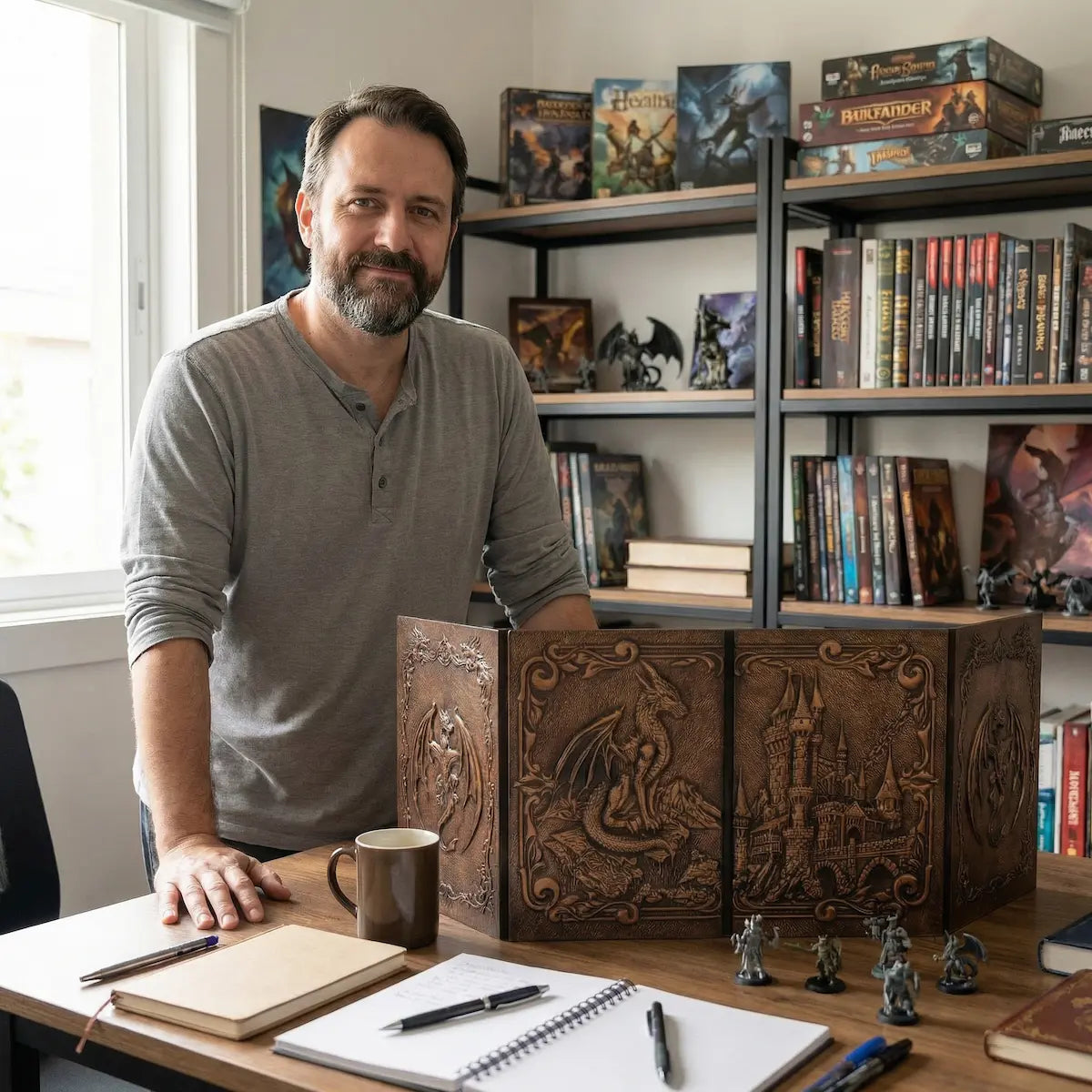 Una habitación dónde aparece una mesa encima de la cuál hay una pantalla master  y otros accesorios. DE fondo un hombre de pie, y detrás una estanteria.