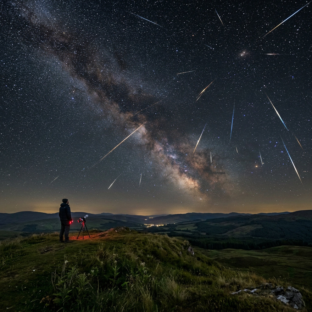 Un cielo lleno de estrellas fugaces en la oscuridad, con una persona observandolas arriba de una montaña.
