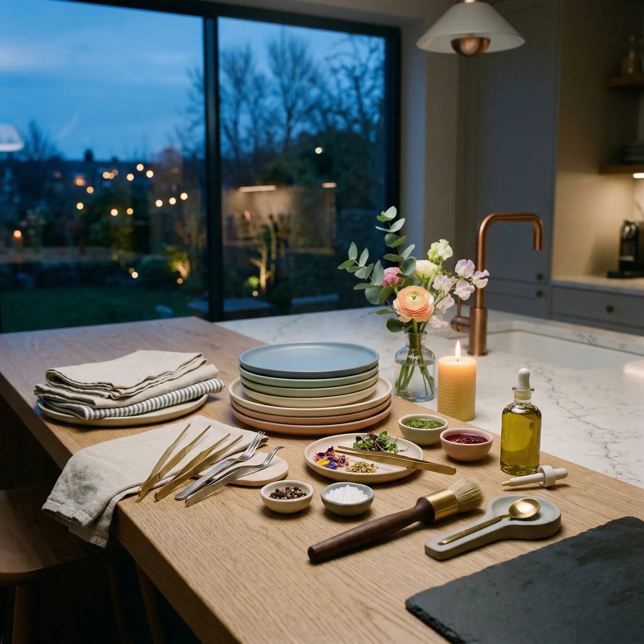 Cocina moderna, con accesorios de cocina y emplatado en la encimera. Un gran ventanal que deja ver el jardín de fondo.
