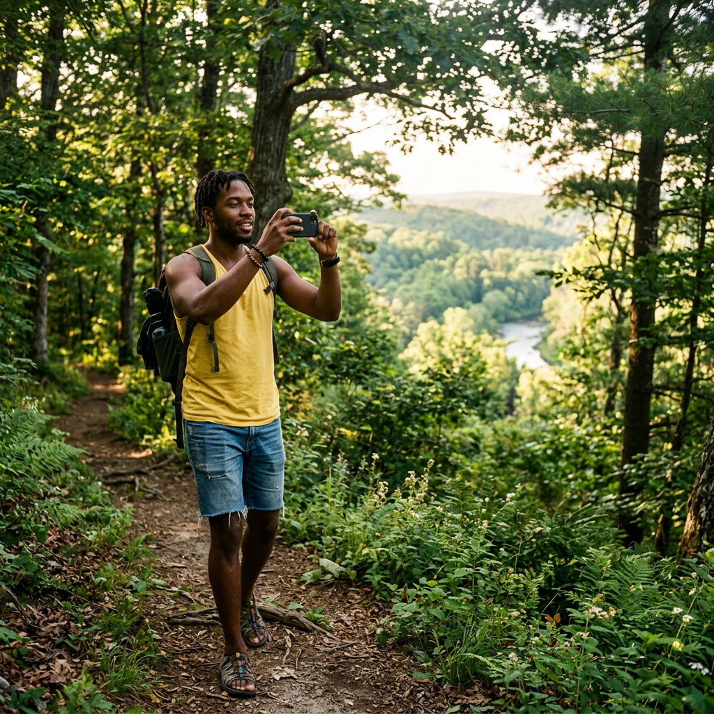Un chico haciendo una fotografía con su telefono movil en un sendero en la montaña.