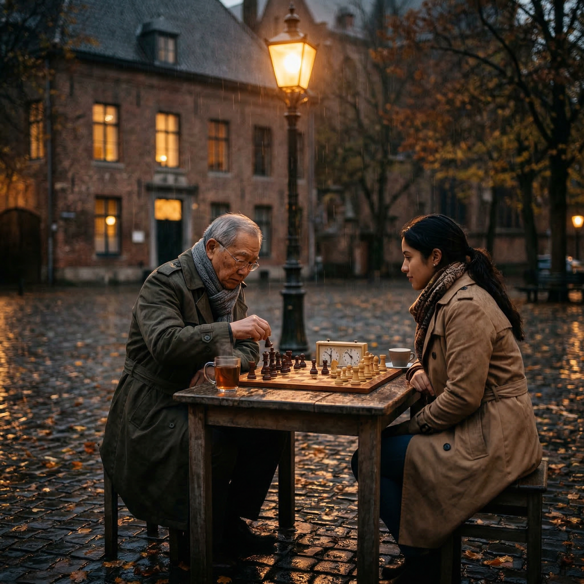 Un hombre mayor asiatico y una chica de mediana edad latina, jugando al ajedrez en la calle, es casi de noche y estan iluminados con la luz de una farola. 