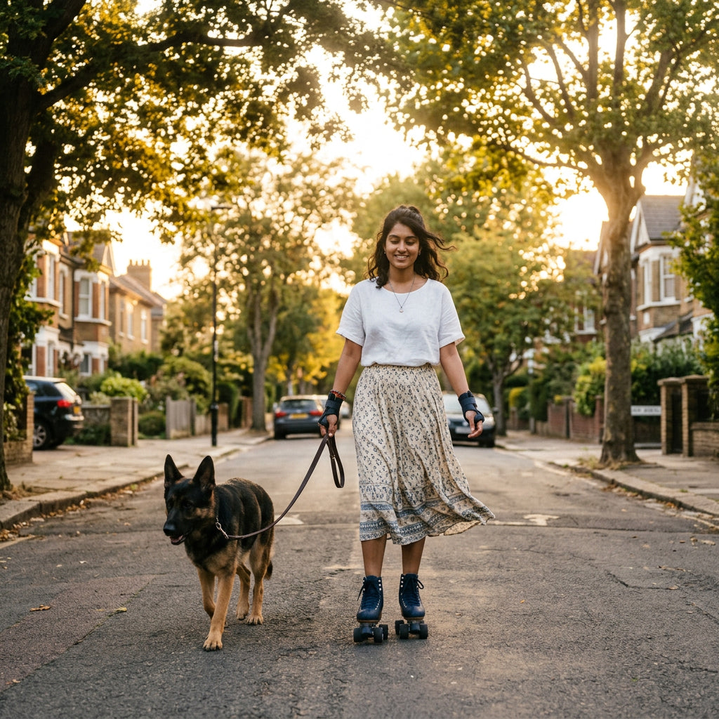 Una chica patinando al atardecer con su perro, por la calle de una zona residencial.
