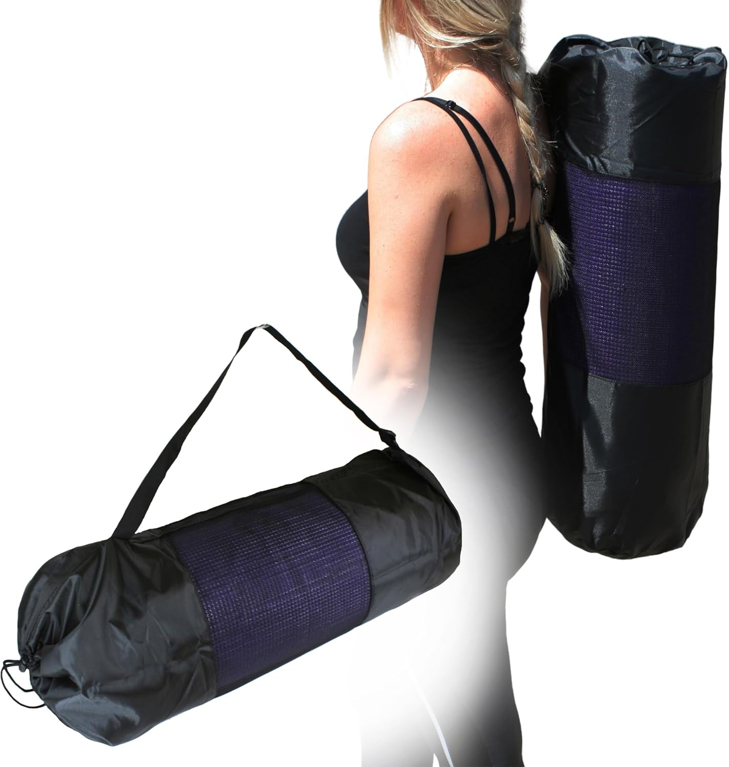 Bolsa de yoga negra con transparencia de  Doja Hobbies. Y una modelo de espaldas con la bolsa colgada en el hombro.
