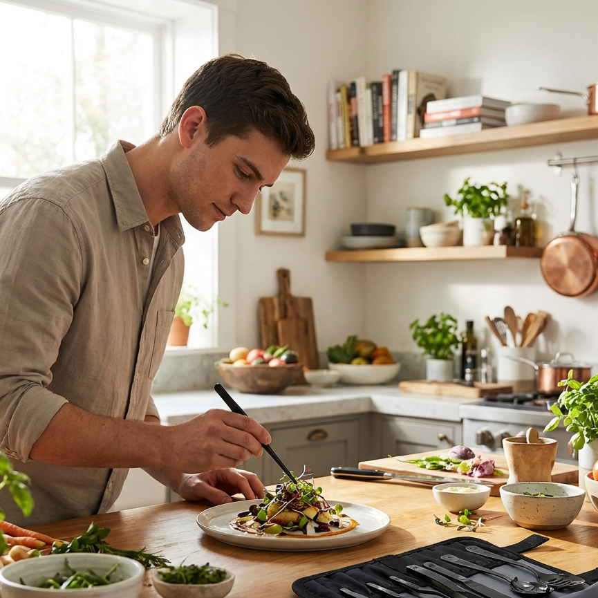 Un chico en su cocina emplatando un plato con las herramientas de emplatado del kit de emplatado de Doja Hobbies. 