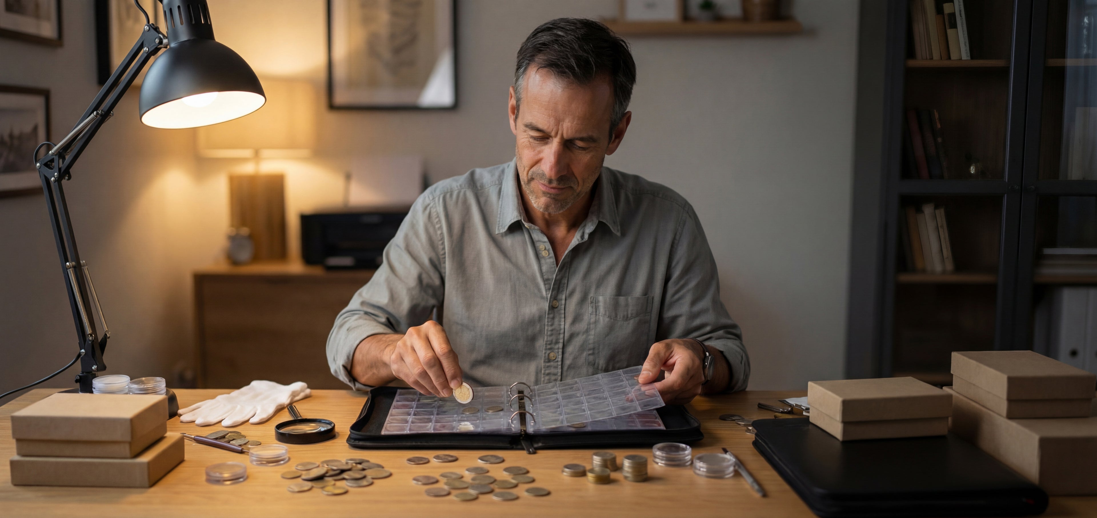 Un hombre sentado ordenando sus monedas en un albúm, encima de una mesa, en su despacho.