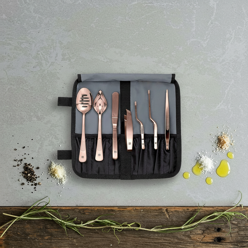 Kit de emplatado de color cobre ( con las 7 herramientas visibles) encima de su funda en una superficie gris. 