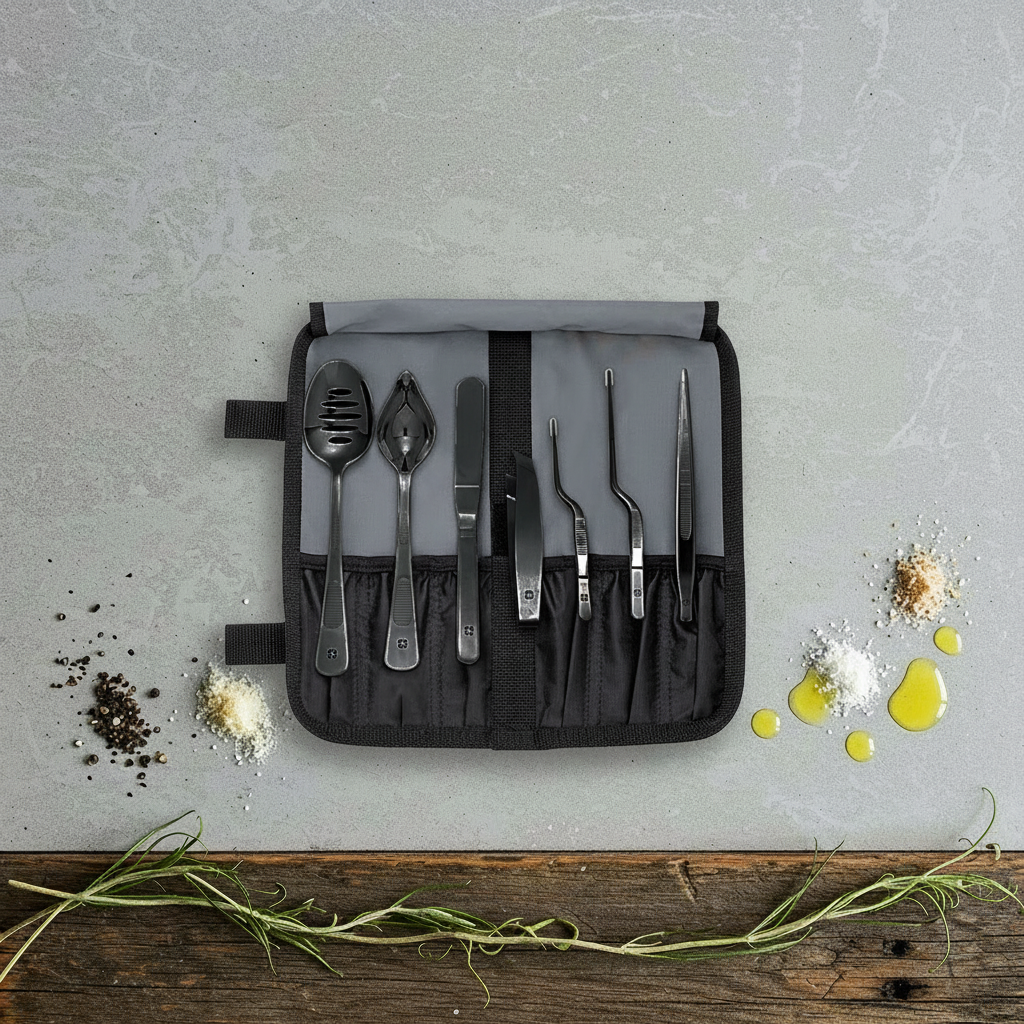 Kit de emplatado negro ( con las 7 herramientas visibles) encima de su funda en una superficie gris. 