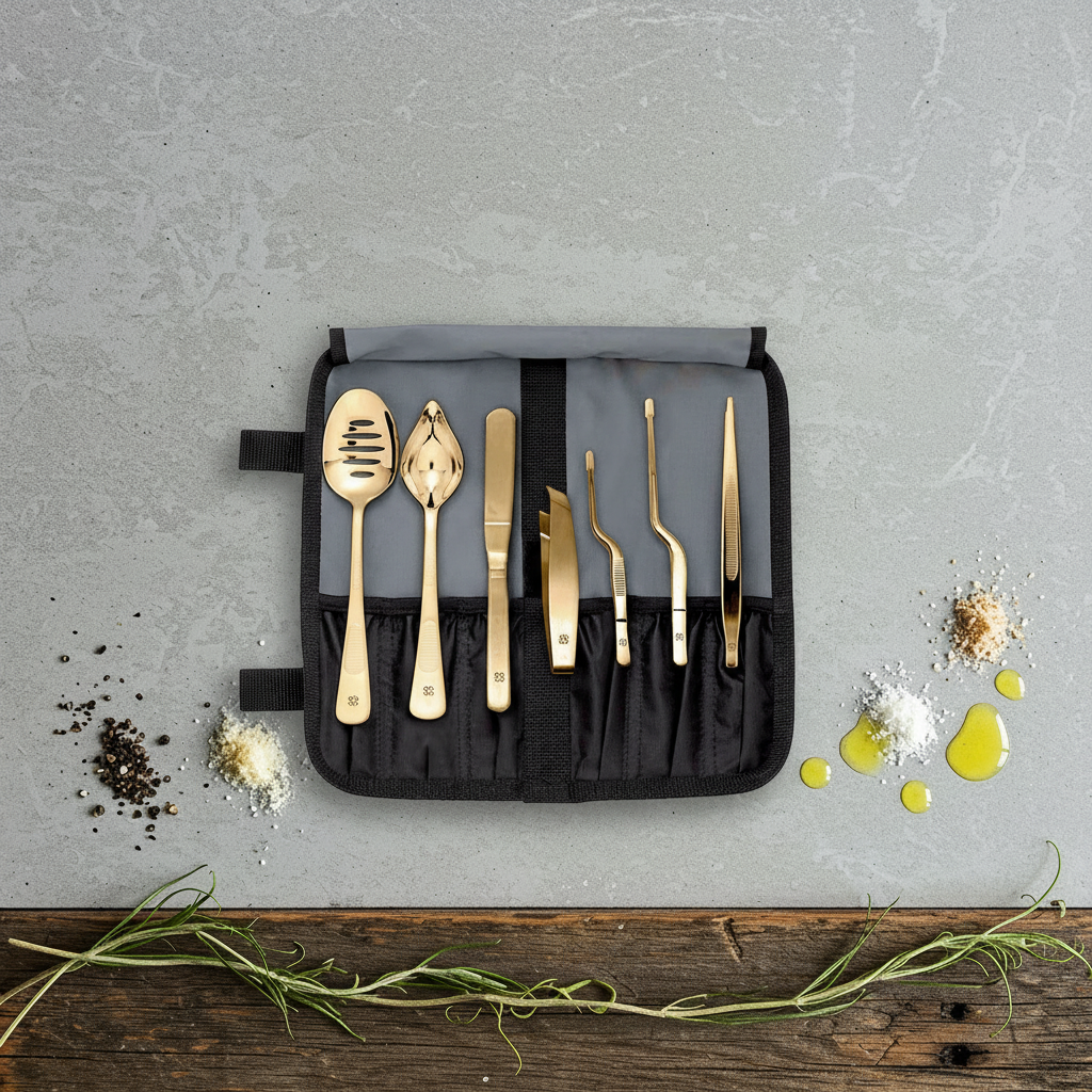 Kit de emplatado ( con las 7 herramientas visibles) encima de su funda en una superficie gris. 