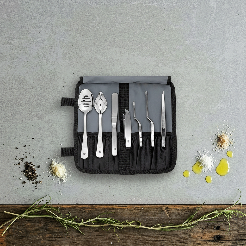 Kit de emplatado de color plateado ( con las 7 herramientas visibles) encima de su funda en una superficie gris. 