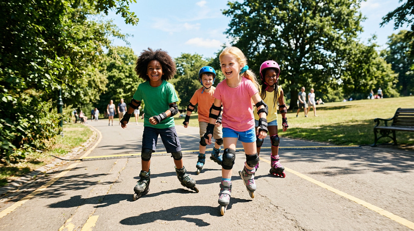 Niños y niñas patinando