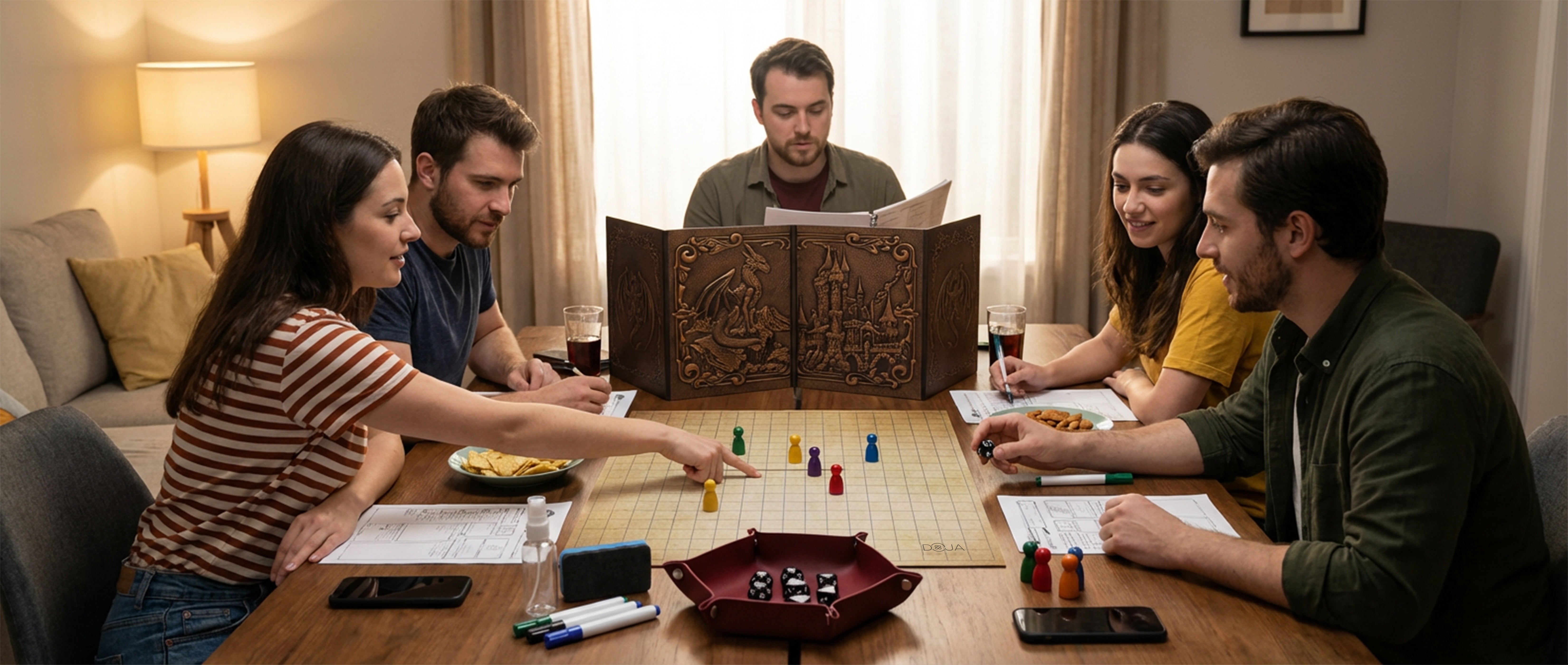 Cinco personas jugando a jun juego de Rol de mesa en el salón de su casa. En la mesa aparece el tablero, las fichas, rotuladores, pantalla DM y cesta de dados. 