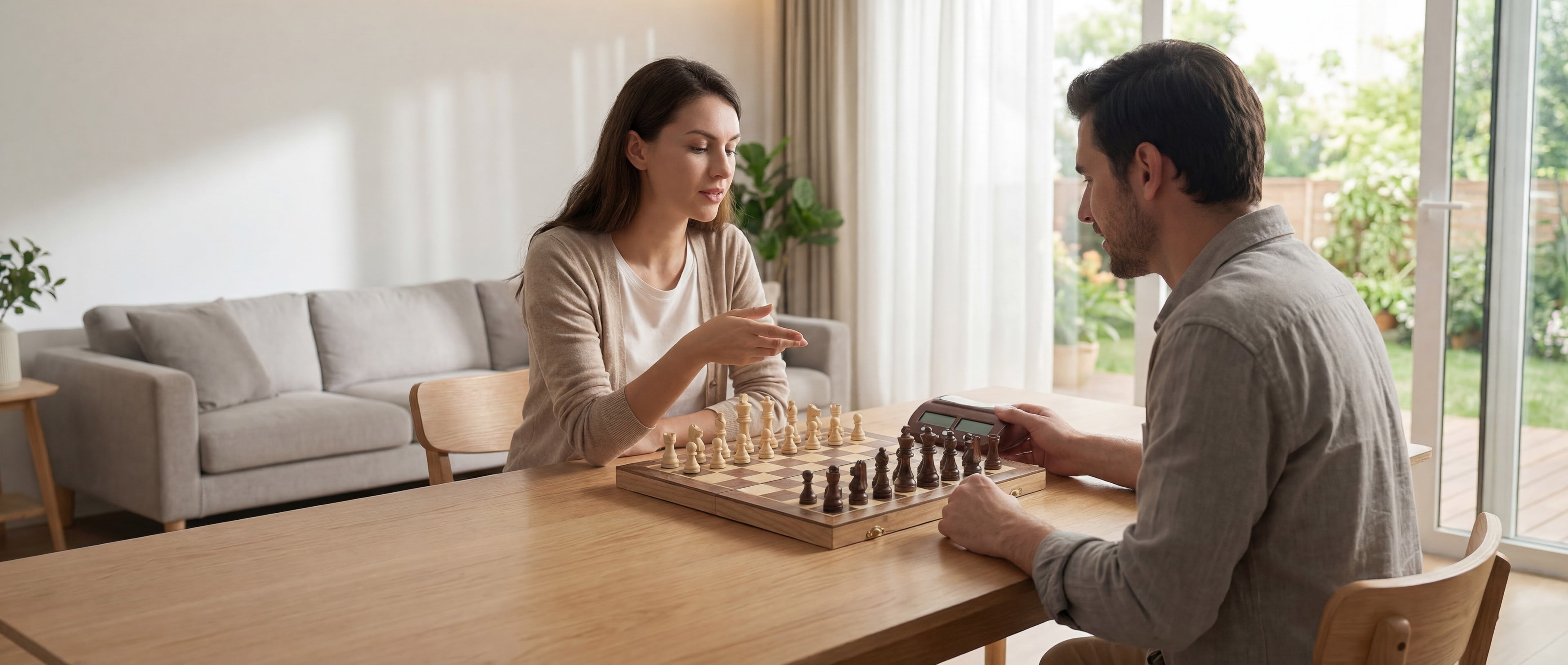Un chico y una chica jugando una partida de ajedrez ( ajedrez de Doja Hobbies con temporizador incluido). En el salon de una casa, muy luminoso. 