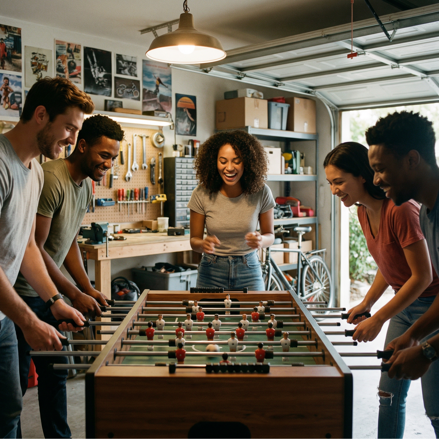 Varias personas jugando al futbolín en un garaje