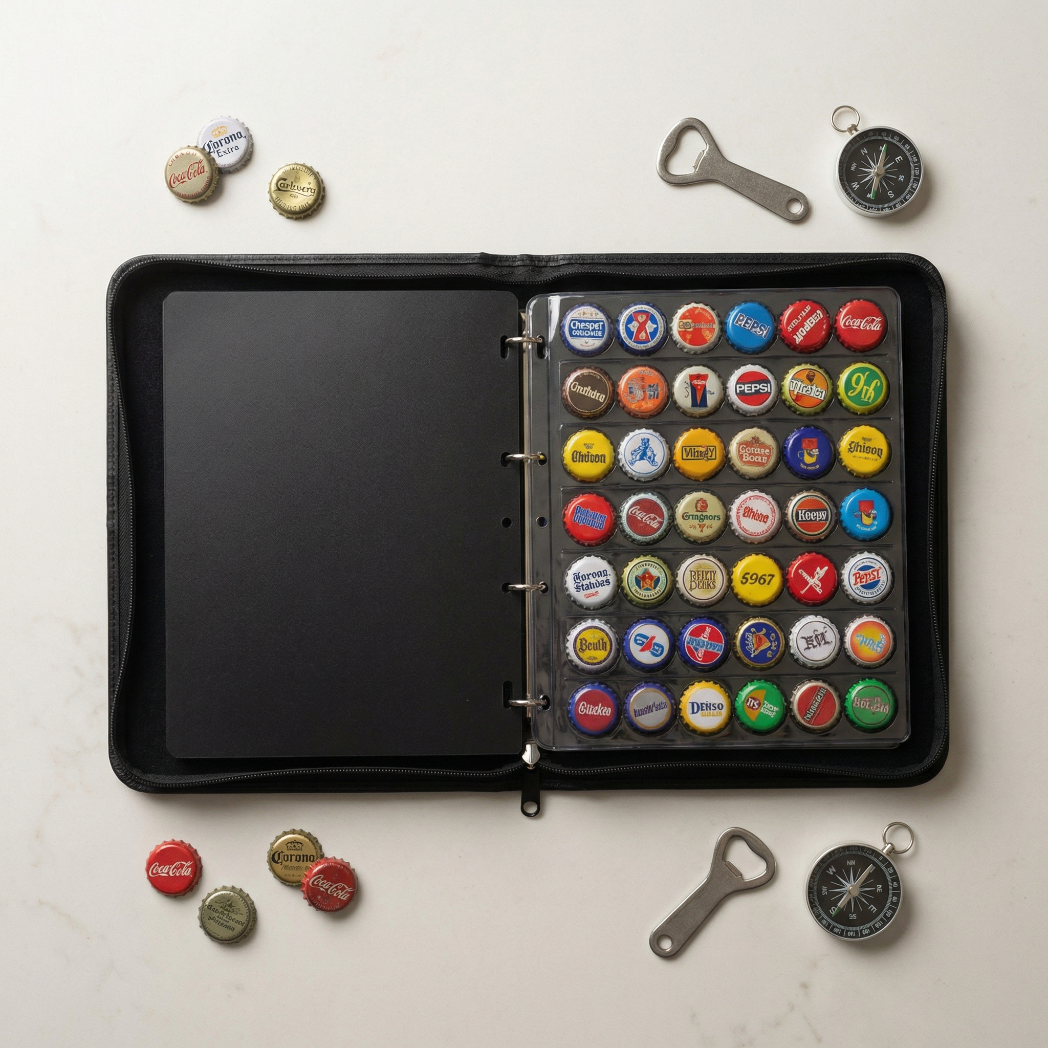 Un album de chapas de Doja Hobbies, en fondo blanco, con accesorios alrededor, como chapas , abrelatas y brújula.