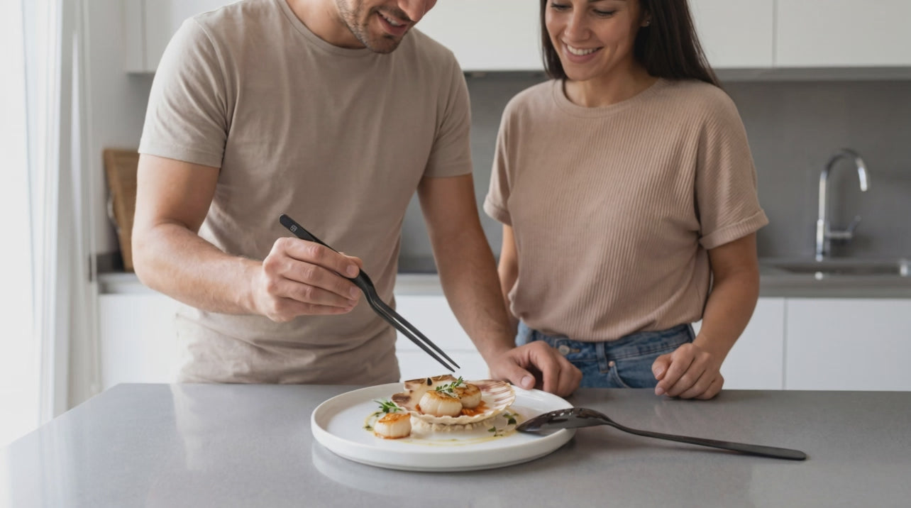 Una pareja en una cocina, emplatando un plato con pinzas del kit de Doja Hobbies.
